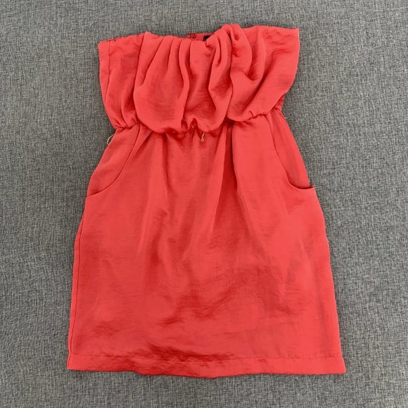 Ruby Rox Bright Coral Strapless Mini Dress Size 5 Pockets Pleated 100% polyester - Picture 1 of 13